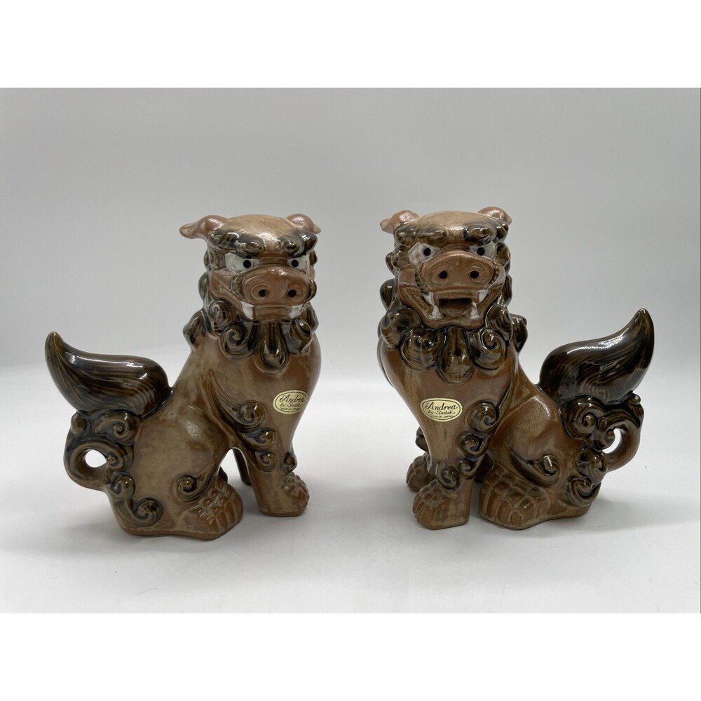 Pair 2 Andrea Sadek Brown Ceramic Asian Foo Dog Lion Figure Dragon Statue Japan